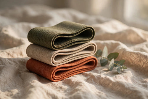 Forge Resistance Band Set five-pack rolled bands on oak beside cream linen towel
